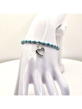Turquoise And  Silver Tone Beaded Bracelet With Heart Charm